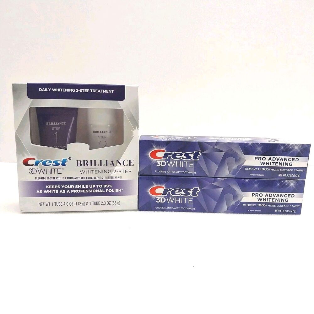 Crest 3d White Brilliance Whitening 2 Step & 2 Tubes Of Crest Toothpaste #K015